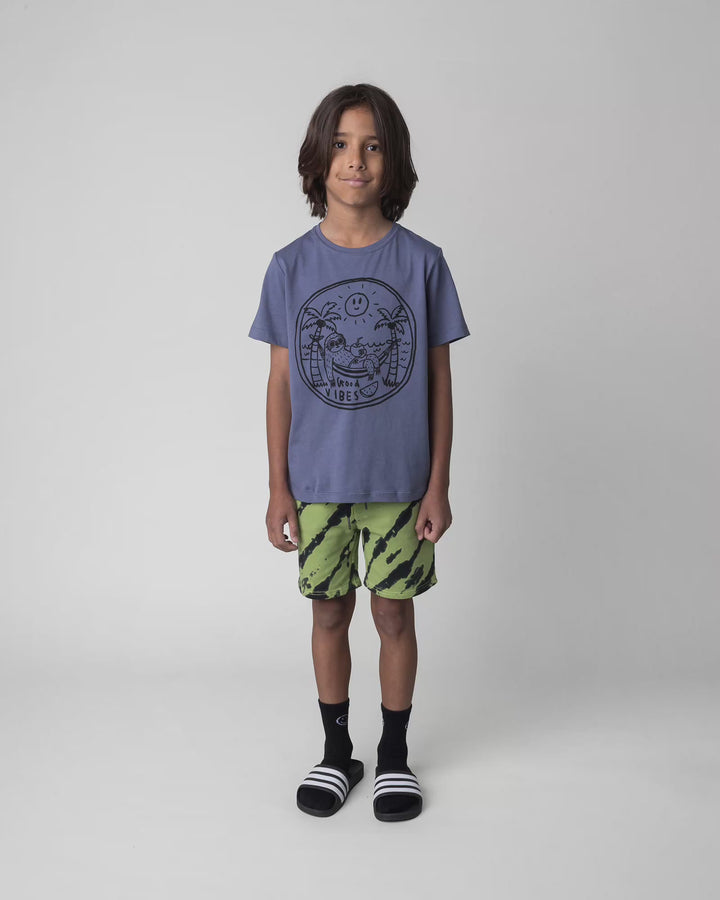 Kid wearing the Chill Sloth Tee in muted blue, full circle video