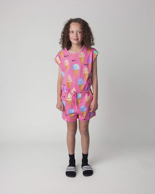 Kid wearing the Happy Icecreams Playsuit in pink, full circle video