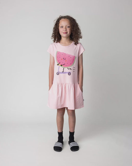 Kid wearing the Scooting Watermelon Dress in light pink, full circle video