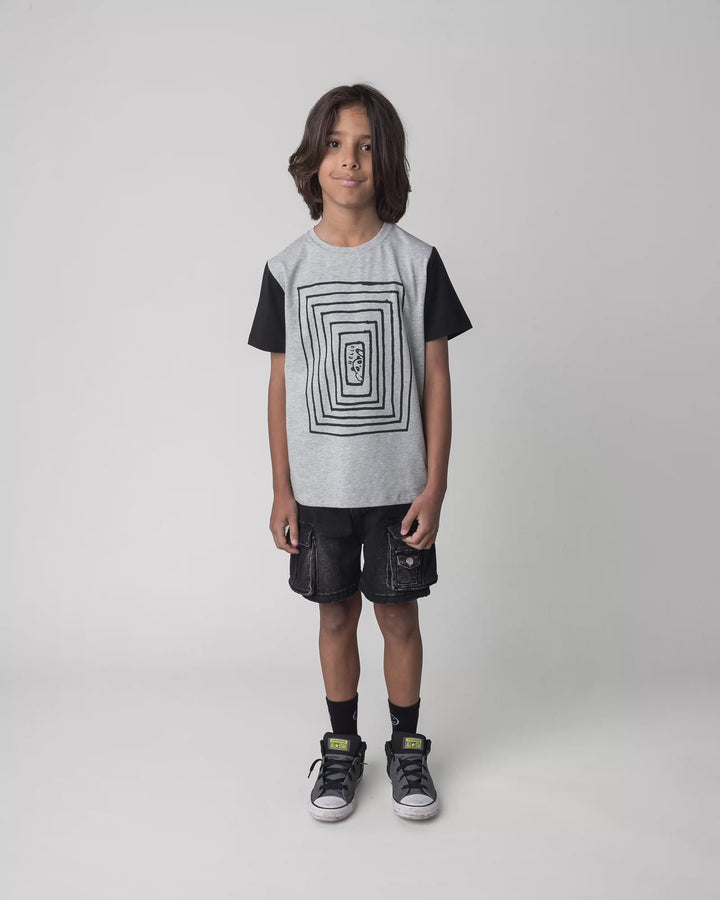 Kid wearing the Hidden Panda Tee in grey marle and black, full circle video