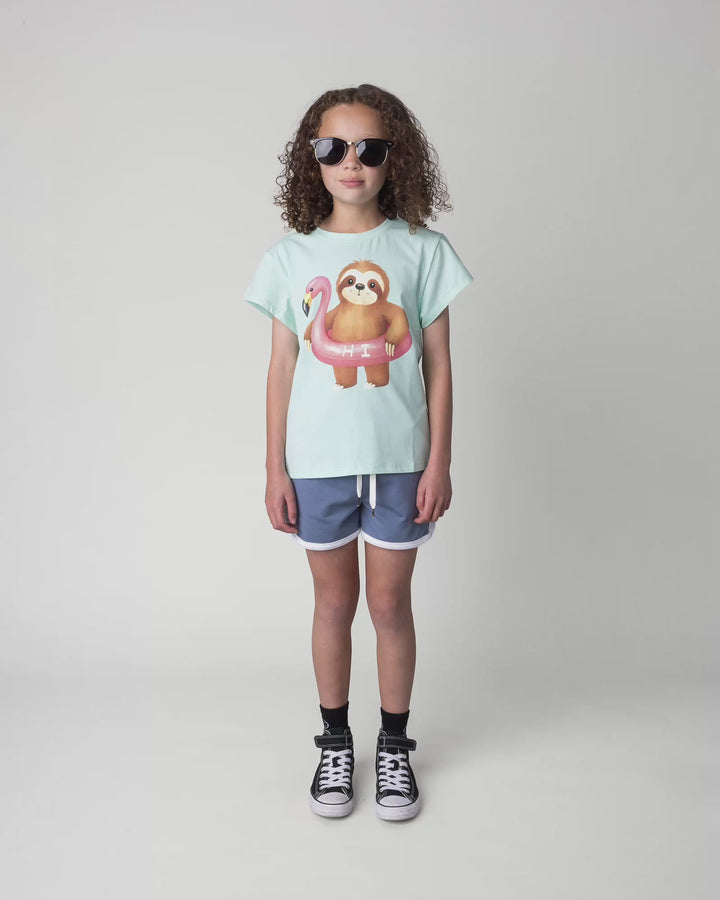 Kid wearing the Swimming Sloth Tee in mint marle, full circle video
